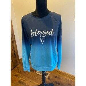 Women Blessed Lightweight Sweatshirt Christian Pullover Shirt Ombré Blue Sz L